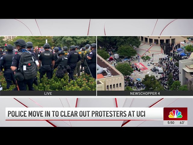 ⁣Police and pro-Palestinian protesters clash on UC Irvine campus