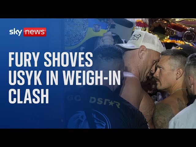 ⁣Fury vs Usyk: Tyson Fury shoves Oleksandr Usyk in weigh-in clash