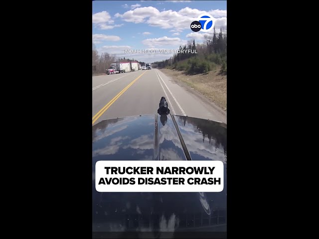 ⁣Canadian trucker narrowly avoids disaster crash