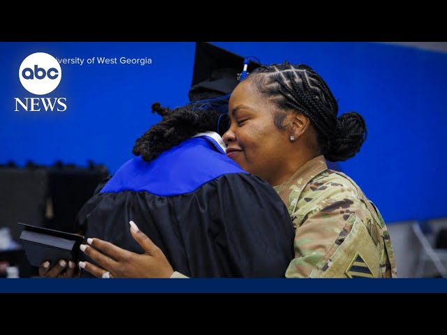⁣Army mom surprises son at college graduation