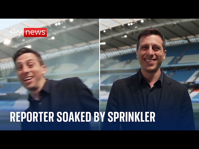 ⁣Premier League final-day: City making a dash for the title as reporter dashes away from sprinkler