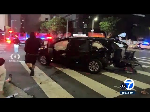 ⁣Suspect steals police cruiser in downtown LA, crashes into civilian vehicle after brief chase