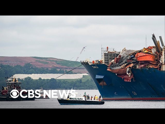 ⁣Crews refloat container ship that crashed into Baltimore's Key Bridge