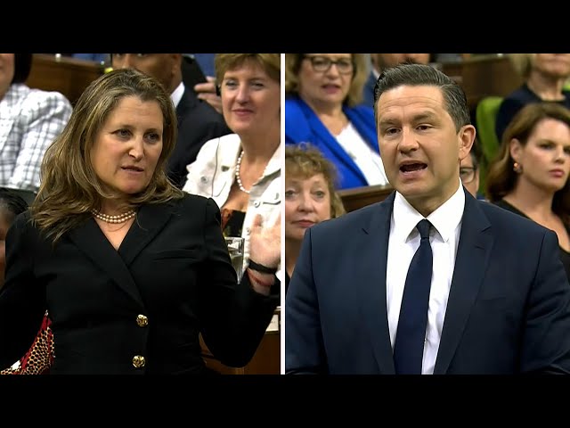 ⁣Freeland accuses Poilievre of wearing more makeup than she does