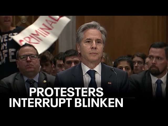 ⁣Protesters against war in Gaza interrupt Blinken repeatedly in the Senate
