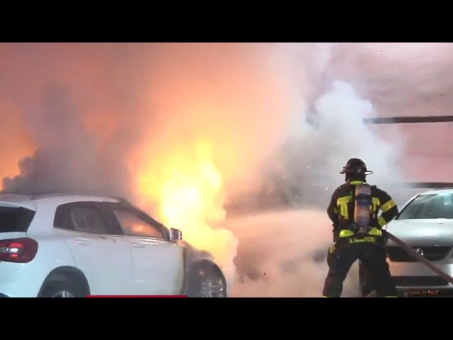 ⁣Multiple cars destroyed by fire outside Miami residential building