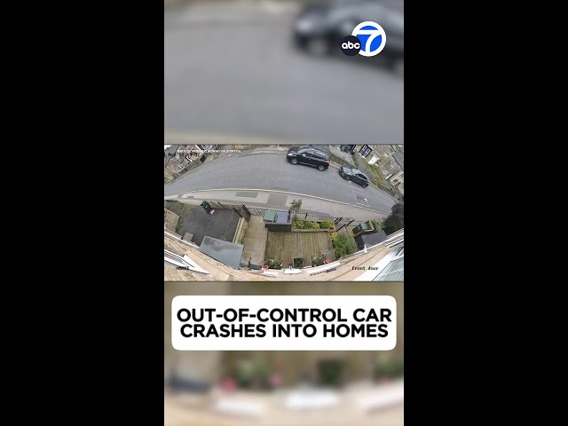 ⁣Out-of-control car flips, crashes into homes