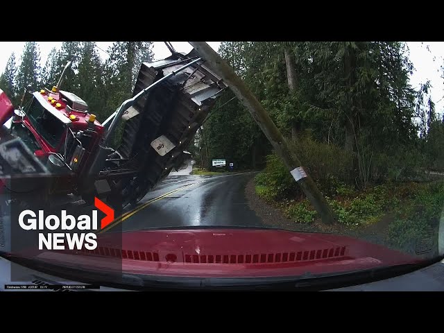 ⁣Dashcam captures dump truck falling onto BC man's car