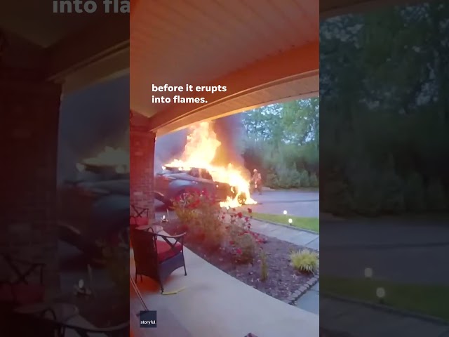 ⁣Doorbell camera captures SUV ignite in flame outside family home #Shorts