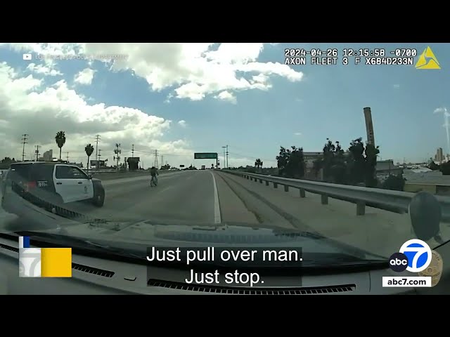 ⁣Dashcam video shows LAPD chasing attempted murder suspect riding bicycle on 5 Freeway