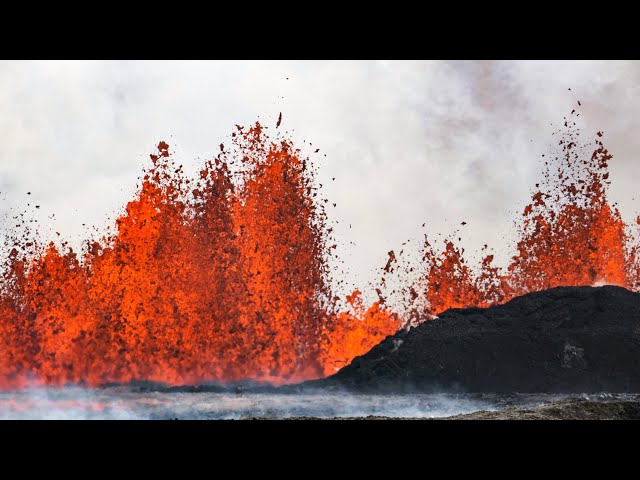 ⁣Watch: Bright red lava spews from volcano in Iceland