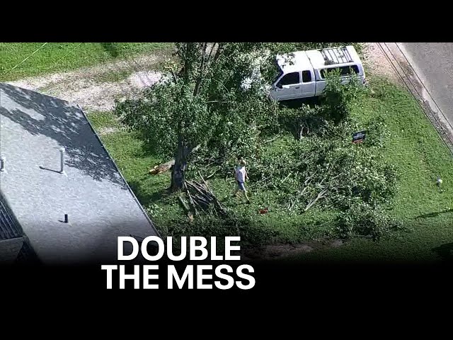 ⁣Denton County residents clearing debris from two major severe weather events