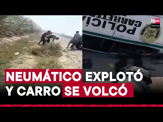 ⁣Lambayeque: dos policías heridos luego que su patrullero se volcara por explosión de neumático