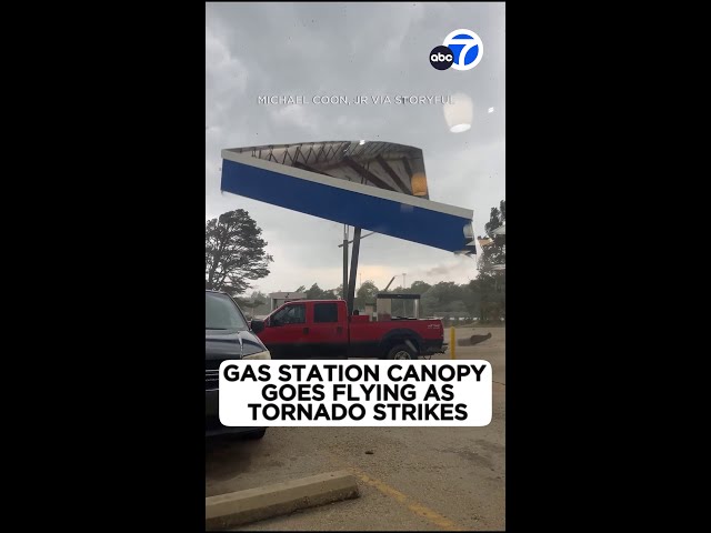 ⁣Tornado rips gas station canopy apart!
