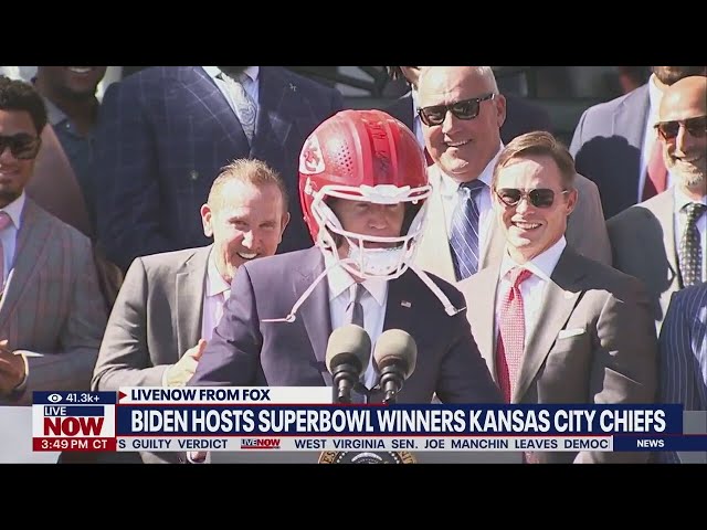 ⁣President Biden wears Chiefs helmet at White House Super Bowl celebration