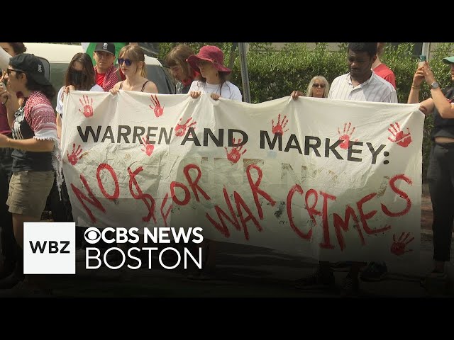 ⁣Pro-Palestinian group holds protest outside Sen. Elizabeth Warren's home in Cambridge