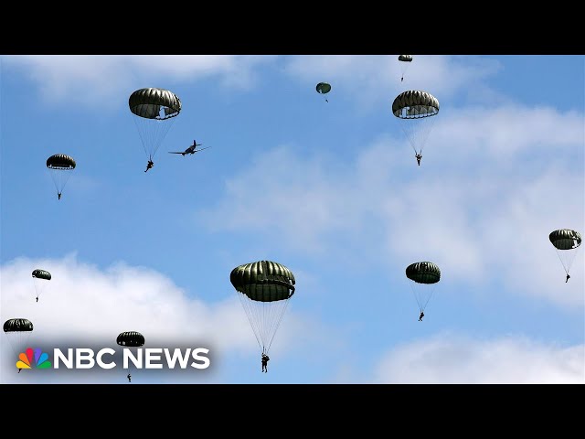 ⁣Parachutists leap from WWII-era planes over Normandy to help mark D-Day's 80th anniversary
