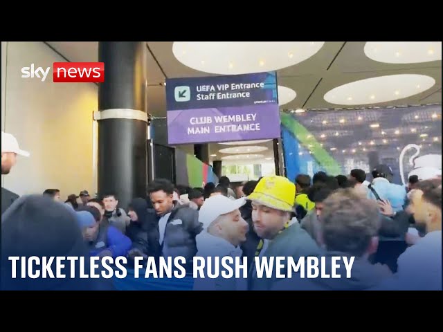 ⁣Ticketless supporters storm Wembley Stadium at Champions League final