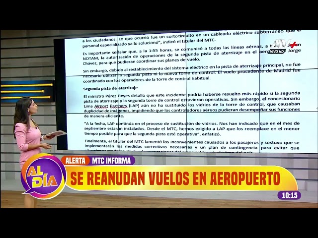 MTC informa que se restablecieron las operaciones en el Jorge Chávez