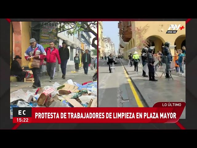 ⁣Centro de Lima: Trabajadores de limpieza realizan protesta en la Plaza Mayor