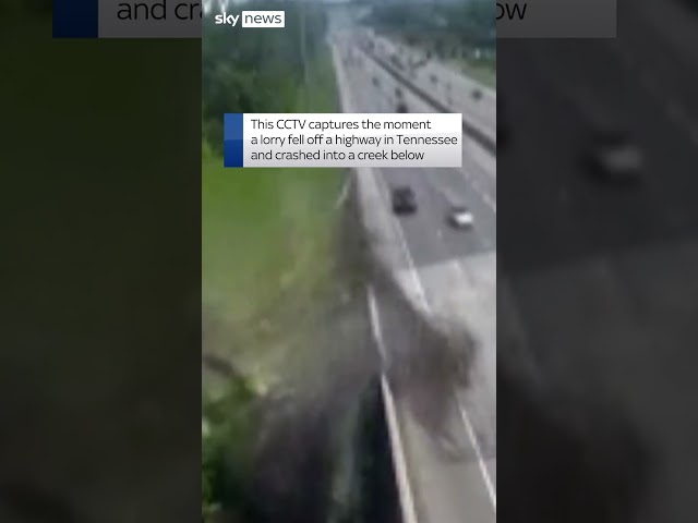 ⁣Moment lorry falls off highway