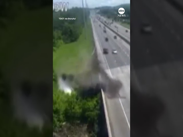 ⁣Semi truck crashes off highway into creek - ABC News