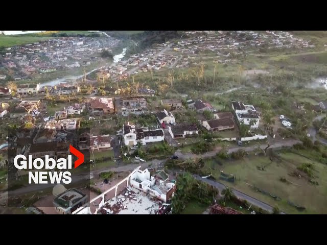 ⁣South Africa tornado: Drone video shows damage after twister rips through Durban town