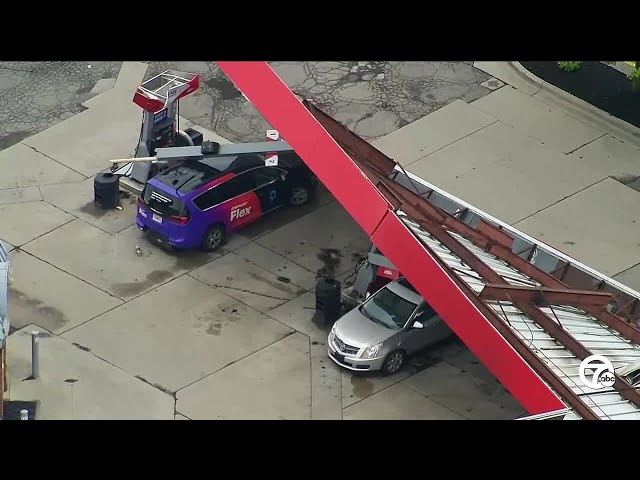 ⁣Gas station canopy collapses onto pump, cars causing fire in Farmington Hills