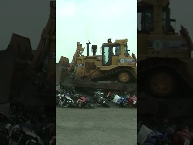 ⁣NYC bulldozer destroys illegal e-bikes and scooters