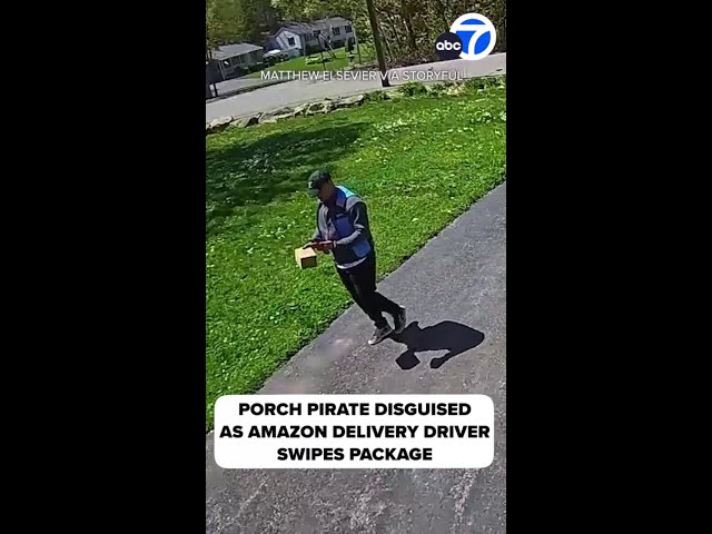 ⁣Porch pirate disguised as Amazon delivery driver swipes package