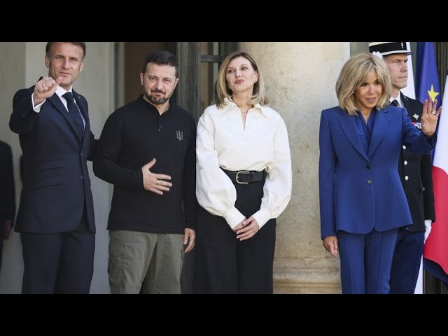 ⁣Macron recibe a Zelenski en el Elíseo al día siguiente del anuncio del envío de aviones Mirage