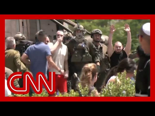 ⁣Video shows moment Israeli hostages exit helicopter after being rescued
