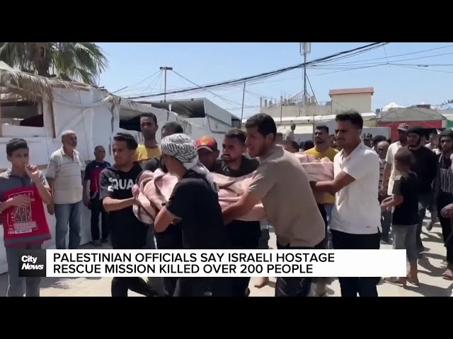 ⁣4 Israeli hostages rescued in military operation Palestinian officials say killed over 200 people