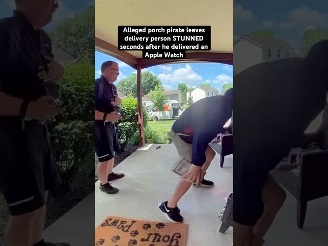 ⁣Alleged porch pirate leaves delivery person stunned seconds after he delivered an Apple Watch