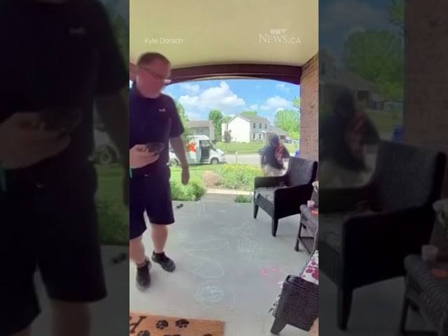 ⁣Surveillance videos shows a porch pirate stealing a package right in front of a delivery driver