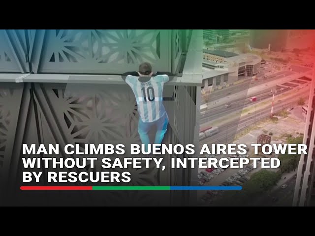 ⁣Man climbs Buenos Aires tower without safety, intercepted by rescuers