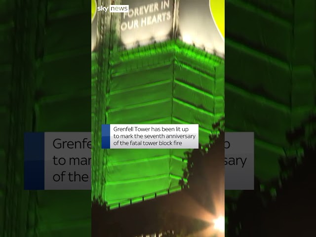 ⁣Grenfell Tower lit up for anniversary
