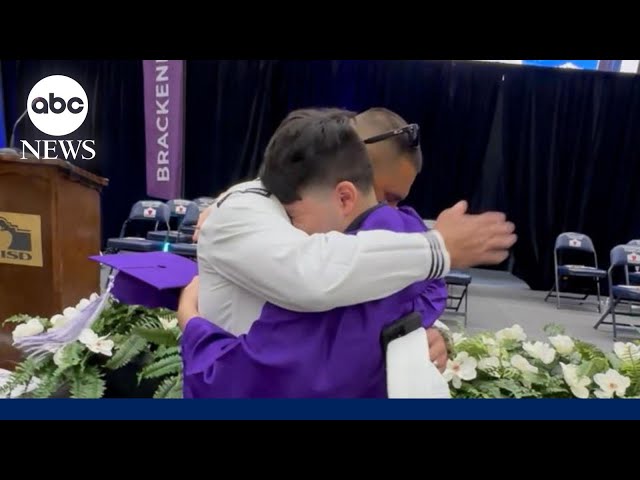 ⁣Navy dad flies 17 hours to surprise son at high school graduation.