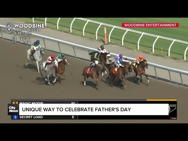 ⁣Dynamic duo celebrate Father's Day with horse race at Woodbine Racetrack