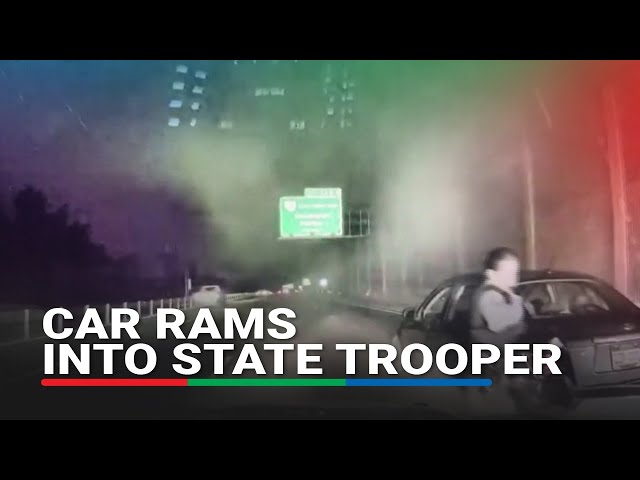 ⁣State trooper nearly gets crushed after driver slams into her patrol car