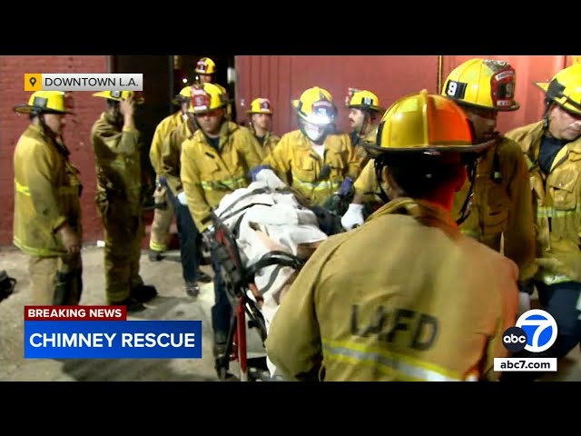 ⁣Man rescued after climbing down chimney of 4-story building in Los Angeles