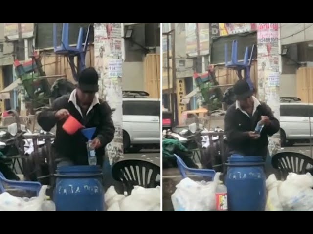 ⁣¡Cuidado donde compras agua mineral! Comerciante llena botellas en plena calle