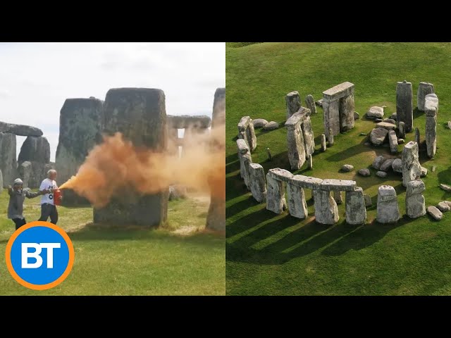 ⁣Climate activists just vandalized Stonehenge in the UK