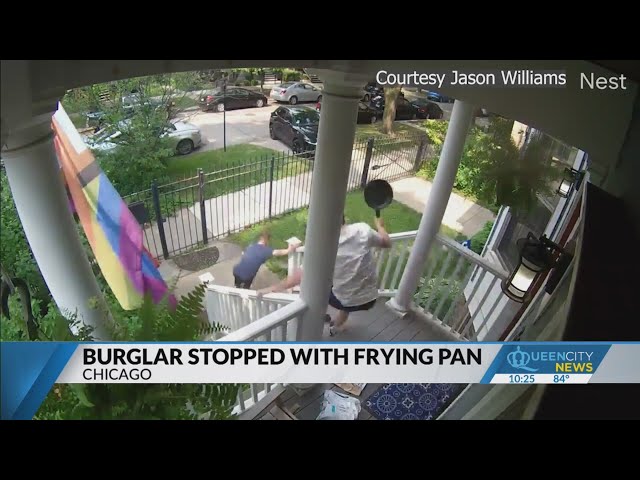 ⁣Watch: Man attacks burglary suspect with frying pan