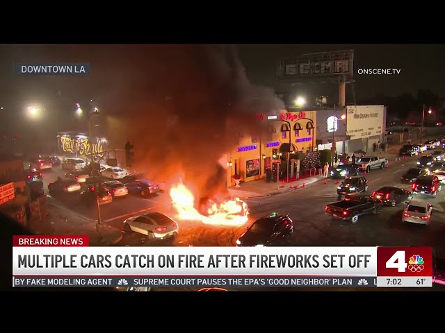 ⁣Car burst into flames at downtown LA intersection
