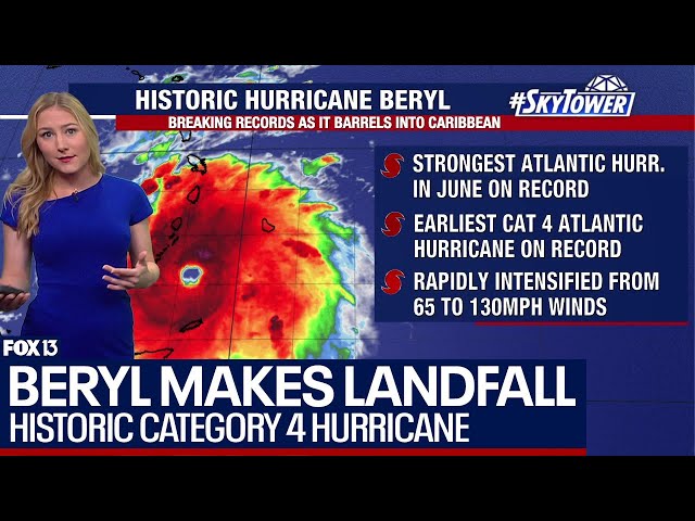 ⁣Hurricane Beryl makes landfall as Category 4 storm on Carriacou Island