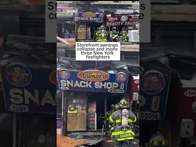 ⁣Storefront awnings collapse on New York firefighters, injuring three.