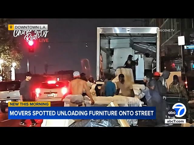 ⁣Video shows movers unloading truck full of furniture onto Skid Row street