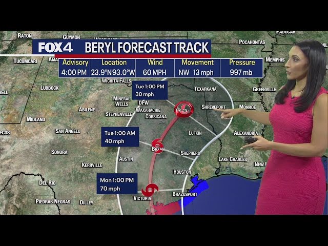 ⁣Tropical Storm Beryl: Updated track, timing for landfall