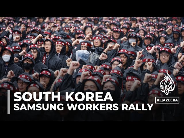 ⁣Samsung workers rally: Union members demand better pay and conditions